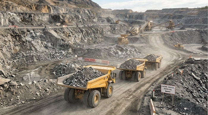 Haul trucks moving crushed rock along the quarry road